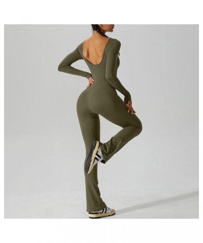 Women Square Neck Yoga Jumpsuits Workout Ribbed Long Sleeve Sport Jumpsuits High Waist Bodycon Jumpsuit Rompers 00- Army Gree...