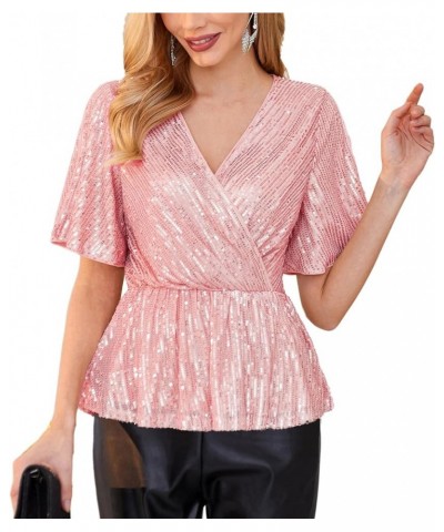 Sequin Ruffle Tops for Women Short Sleeve Sparkly Dressy Tops Ruched Wrap Blouse Party Club Shirt 1328 Pink $21.42 Blouses