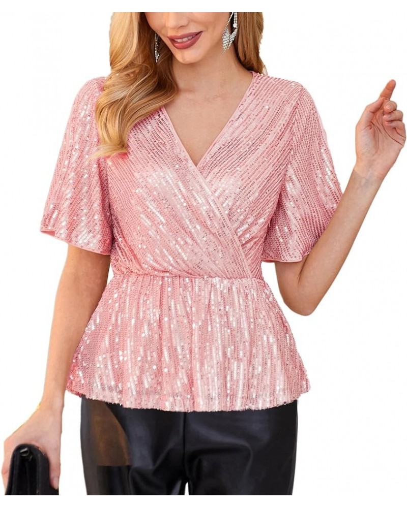 Sequin Ruffle Tops for Women Short Sleeve Sparkly Dressy Tops Ruched Wrap Blouse Party Club Shirt 1328 Pink $21.42 Blouses