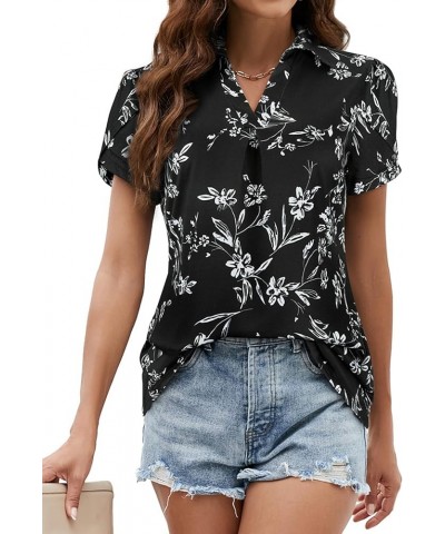 Womens V Neck Tshirt Petal Shorts Sleeve Shirts Collared Casual Polo Tops Work Blouse S-XXL White Floral-black $14.28 Tops