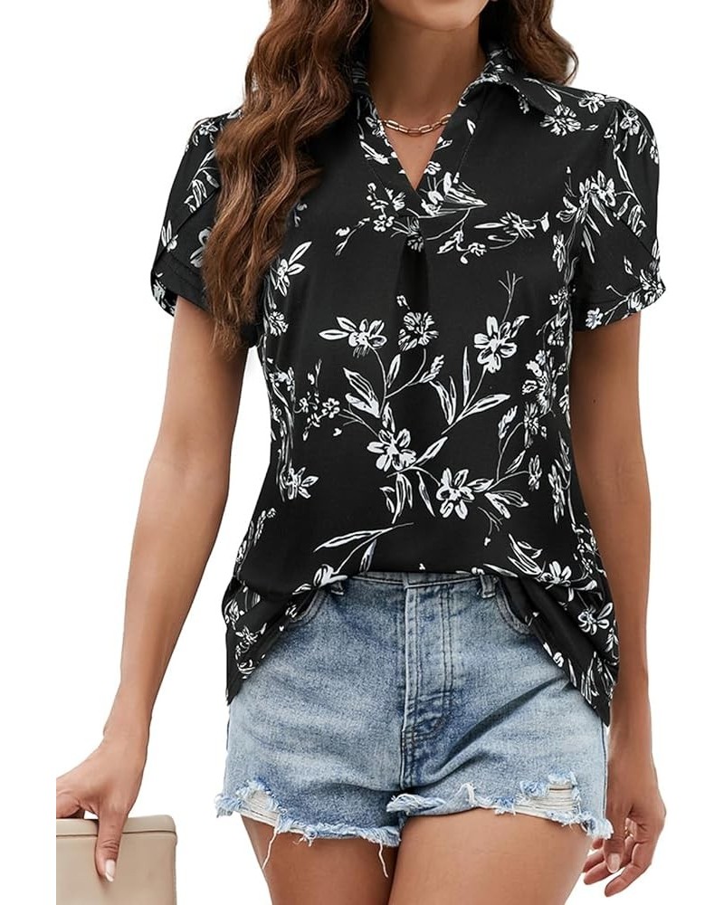 Womens V Neck Tshirt Petal Shorts Sleeve Shirts Collared Casual Polo Tops Work Blouse S-XXL White Floral-black $14.28 Tops