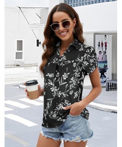 Womens V Neck Tshirt Petal Shorts Sleeve Shirts Collared Casual Polo Tops Work Blouse S-XXL White Floral-black $14.28 Tops