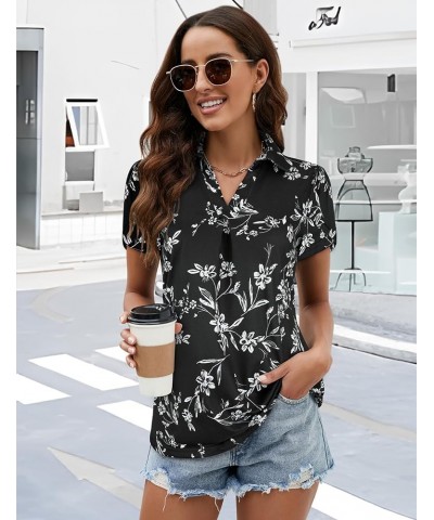 Womens V Neck Tshirt Petal Shorts Sleeve Shirts Collared Casual Polo Tops Work Blouse S-XXL White Floral-black $14.28 Tops