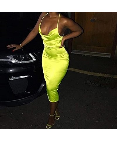 Women Neon Satin Sexy Bodycon Elegant Backless Long Midi Dress for Cocktail Party Clubwear Neon Green $16.23 Dresses