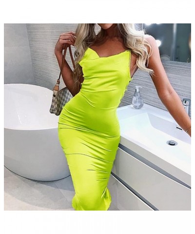 Women Neon Satin Sexy Bodycon Elegant Backless Long Midi Dress for Cocktail Party Clubwear Neon Green $16.23 Dresses