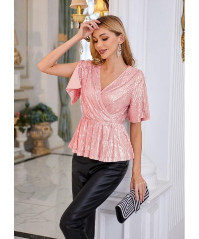 Sequin Ruffle Tops for Women Short Sleeve Sparkly Dressy Tops Ruched Wrap Blouse Party Club Shirt 1328 Pink $21.42 Blouses