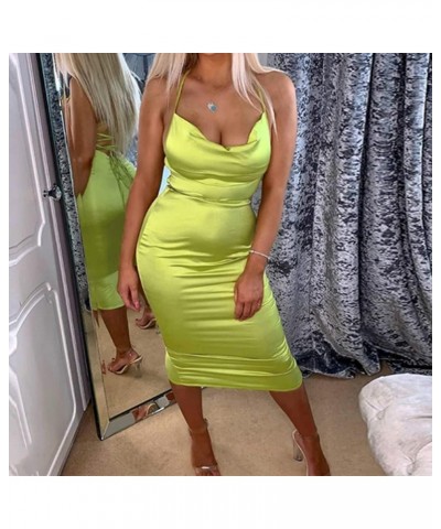 Women Neon Satin Sexy Bodycon Elegant Backless Long Midi Dress for Cocktail Party Clubwear Neon Green $16.23 Dresses