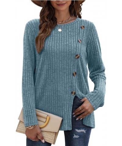 Women's Long Sleeve Crew Neck Tunic Tops Buttons Side Pullover Sweaters Fall Winter 05-blue $10.99 Sweaters