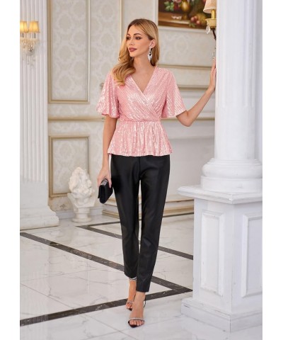 Sequin Ruffle Tops for Women Short Sleeve Sparkly Dressy Tops Ruched Wrap Blouse Party Club Shirt 1328 Pink $21.42 Blouses