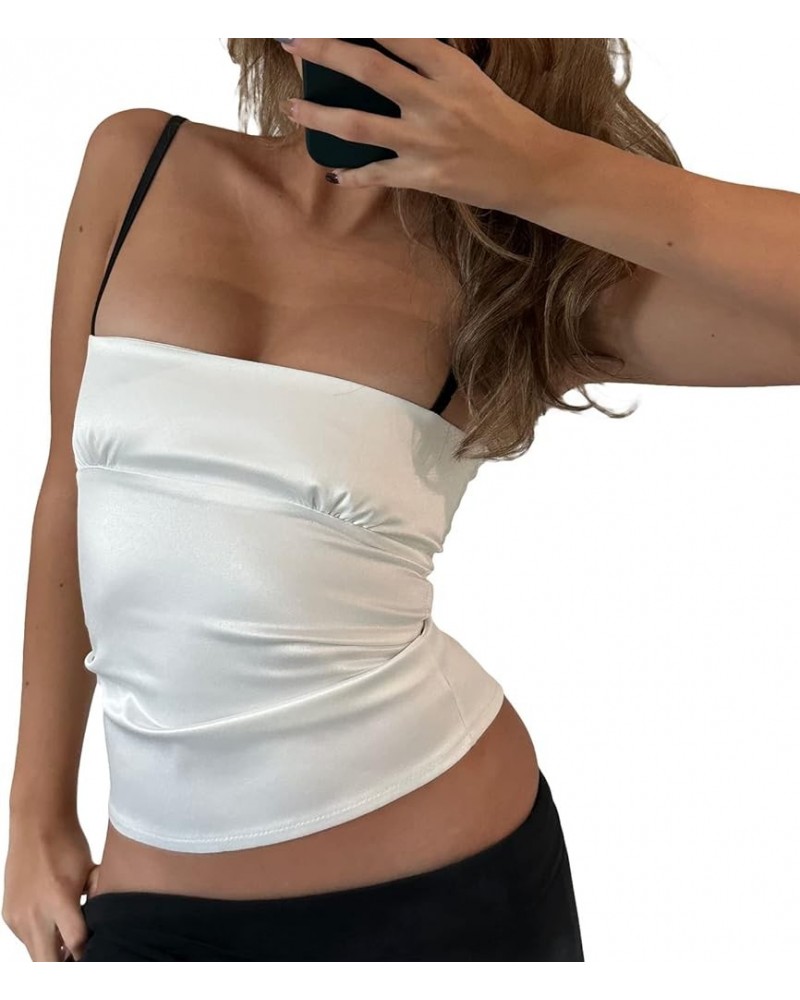 Women Spaghetti Strap Crop Top Summer Casual Camisole Vest Sleeveless Off Shoulder Slim Fit Tank Tops White $7.50 Tanks