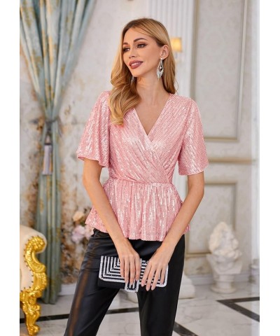 Sequin Ruffle Tops for Women Short Sleeve Sparkly Dressy Tops Ruched Wrap Blouse Party Club Shirt 1328 Pink $21.42 Blouses