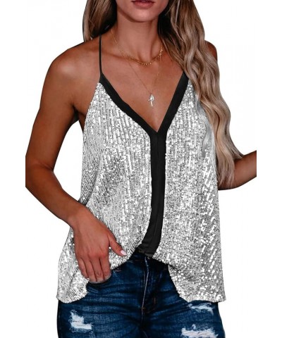 Women's Fashion V Neck Sequin Strappy Flowy Tank Tops Sexy Sleeveless Racerback Cami Shirts A White $17.22 Tanks