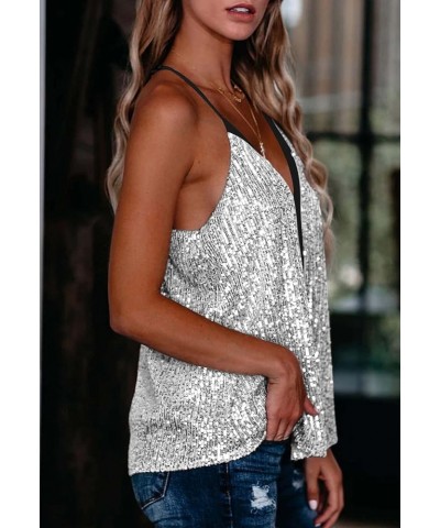 Women's Fashion V Neck Sequin Strappy Flowy Tank Tops Sexy Sleeveless Racerback Cami Shirts A White $17.22 Tanks