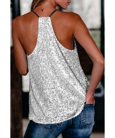 Women's Fashion V Neck Sequin Strappy Flowy Tank Tops Sexy Sleeveless Racerback Cami Shirts A White $17.22 Tanks