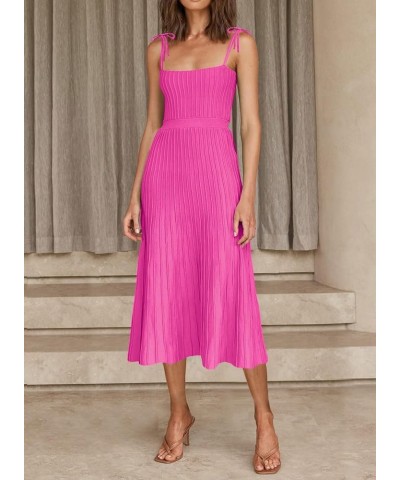 Womens Ribbed Knit Summer Maxi Dresses Tie Straps Square Neck Party Long Dress Rose Red $23.10 Dresses