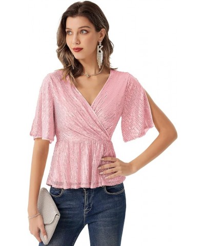 Sequin Ruffle Tops for Women Short Sleeve Sparkly Dressy Tops Ruched Wrap Blouse Party Club Shirt 1328 Pink $21.42 Blouses