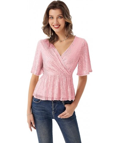 Sequin Ruffle Tops for Women Short Sleeve Sparkly Dressy Tops Ruched Wrap Blouse Party Club Shirt 1328 Pink $21.42 Blouses