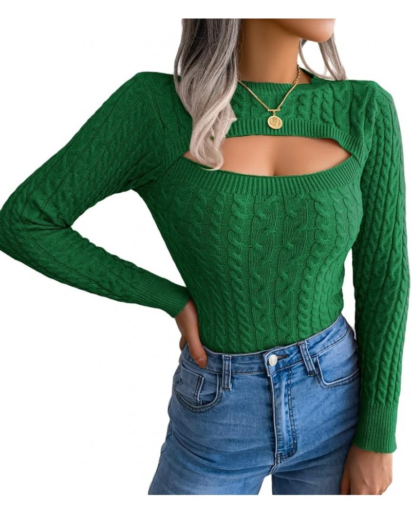 Women's Cutout Knit Tops,Long Sleeve Cable Knit Round Neck Slim Fit Sweaters Jumpers Green $12.16 Sweaters