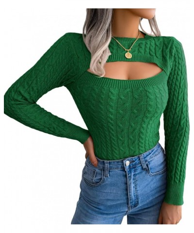 Women's Cutout Knit Tops,Long Sleeve Cable Knit Round Neck Slim Fit Sweaters Jumpers Green $12.16 Sweaters