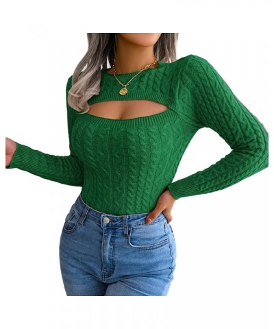 Women's Cutout Knit Tops,Long Sleeve Cable Knit Round Neck Slim Fit Sweaters Jumpers Green $12.16 Sweaters