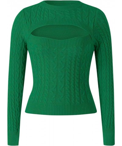 Women's Cutout Knit Tops,Long Sleeve Cable Knit Round Neck Slim Fit Sweaters Jumpers Green $12.16 Sweaters