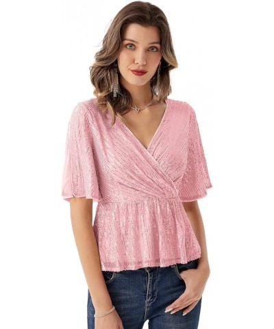 Sequin Ruffle Tops for Women Short Sleeve Sparkly Dressy Tops Ruched Wrap Blouse Party Club Shirt 1328 Pink $21.42 Blouses