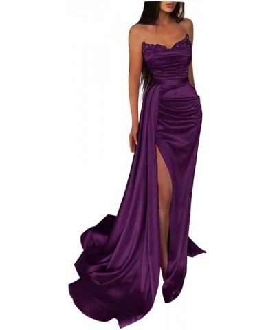 Women's Prom Dresses Mermaid 2023 Sequin Beaded Ball Gown Long Satin Formal Evening Gowns with Slit Grape $27.72 Dresses