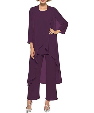 3 Pieces Pants Suits Mother of The Bride Dresses for Wedding Chiffon Long Formal Evening Gowns with Jacket Plum $20.91 Suits