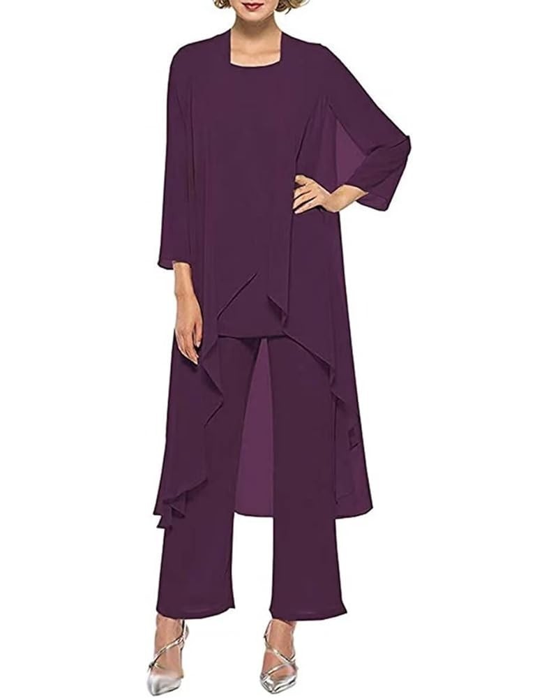 3 Pieces Pants Suits Mother of The Bride Dresses for Wedding Chiffon Long Formal Evening Gowns with Jacket Plum $20.91 Suits