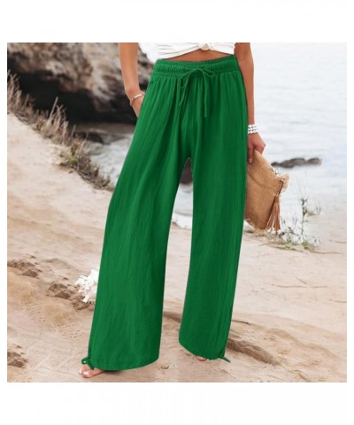 Linen Pants Women Summer Casual Pants Straight Leg Drawstring Elastic High Waist Loose Comfy Trousers with Pockets B-green $1...