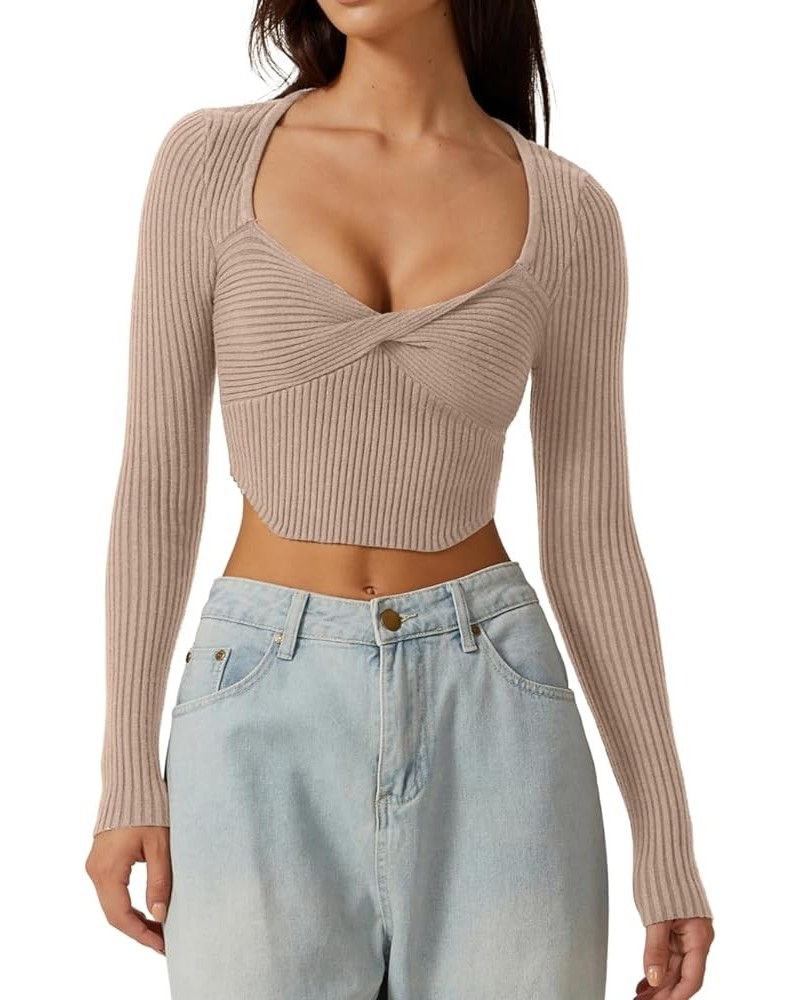 Women's Long Sleeve Crop Top Sweaters Cozy Ribbed Knit Going Out Pullover T Shirts Khaki $20.47 T-Shirts