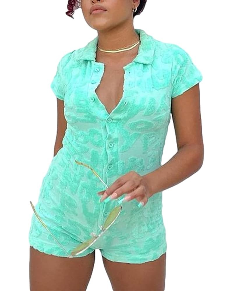 Women Short Sleeve Jumpsuit Low Cut Solid Color Backless Bodysuit Casual Basic Ribbed Knit Romper Summer Playsuit P-green Jum...