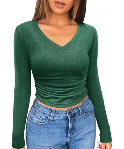 Micticsi Womens V Neck Long Sleeve Crop Top Slim Fitted Cropped T Shirts Going Out Ruched Tops Green $13.56 T-Shirts