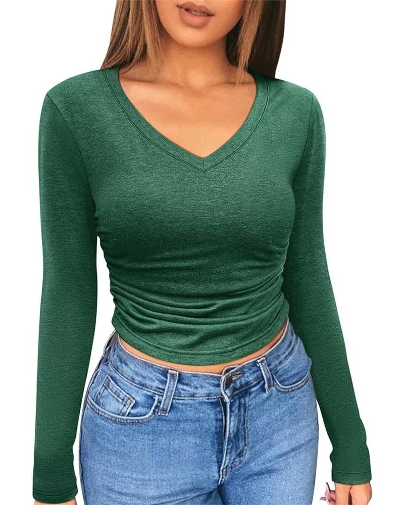 Micticsi Womens V Neck Long Sleeve Crop Top Slim Fitted Cropped T Shirts Going Out Ruched Tops Green $13.56 T-Shirts