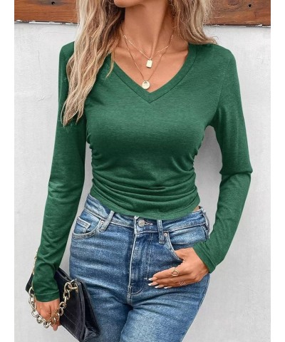 Micticsi Womens V Neck Long Sleeve Crop Top Slim Fitted Cropped T Shirts Going Out Ruched Tops Green $13.56 T-Shirts