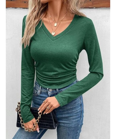 Micticsi Womens V Neck Long Sleeve Crop Top Slim Fitted Cropped T Shirts Going Out Ruched Tops Green $13.56 T-Shirts