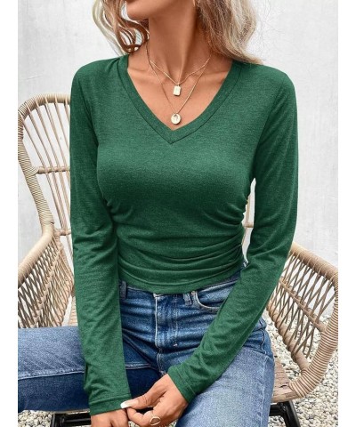 Micticsi Womens V Neck Long Sleeve Crop Top Slim Fitted Cropped T Shirts Going Out Ruched Tops Green $13.56 T-Shirts