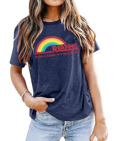 Reading Rainbow Shirt for Women Book Shirts Book Character Shirts Teacher Inspirational Top Book Lover Short Sleeve Tee Blue ...