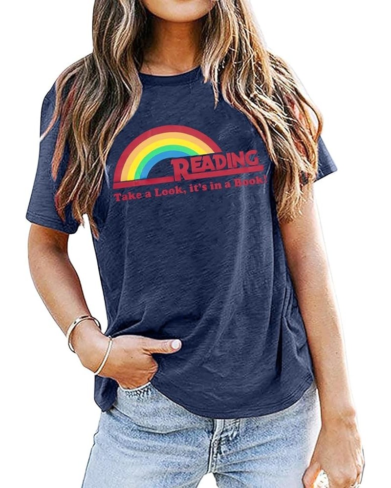 Reading Rainbow Shirt for Women Book Shirts Book Character Shirts Teacher Inspirational Top Book Lover Short Sleeve Tee Blue ...