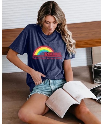 Reading Rainbow Shirt for Women Book Shirts Book Character Shirts Teacher Inspirational Top Book Lover Short Sleeve Tee Blue ...