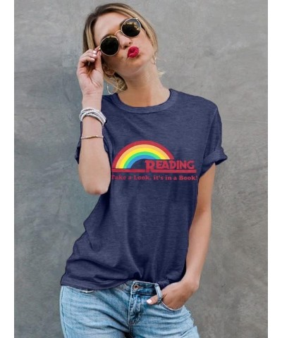 Reading Rainbow Shirt for Women Book Shirts Book Character Shirts Teacher Inspirational Top Book Lover Short Sleeve Tee Blue ...