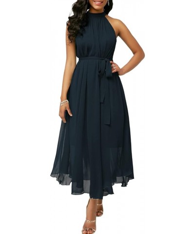 Women's Summer Halter Neck Sleeveless Party Beach Maxi Chiffon Dress Navy Blue $16.97 Dresses