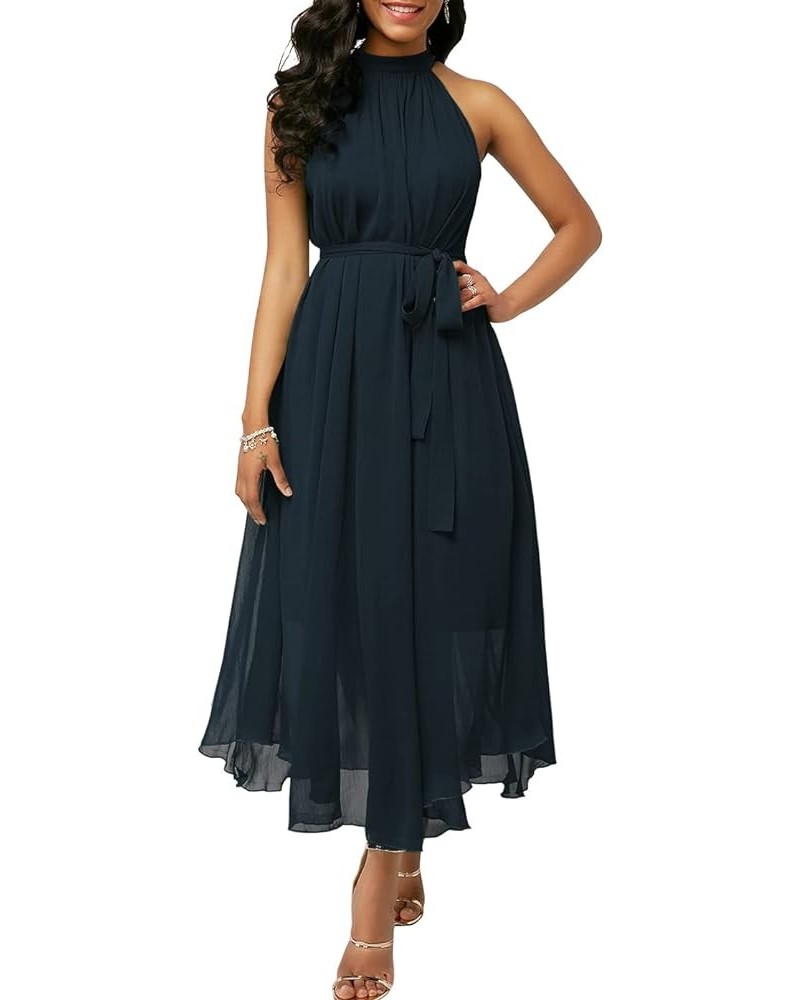 Women's Summer Halter Neck Sleeveless Party Beach Maxi Chiffon Dress Navy Blue $16.97 Dresses