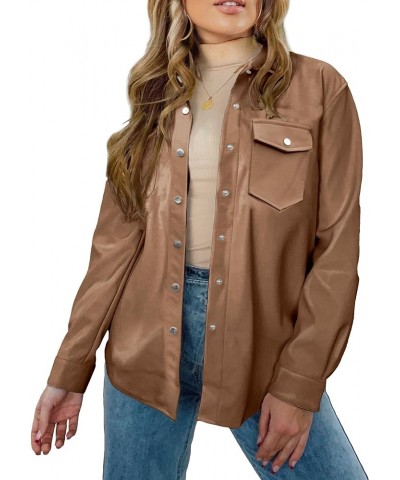 Faux Leather Jackets for Women Long Sleeve Oversized Shackets with Pocket Belted Pleather Jacket Moto Biker Coat Pecan Brown ...