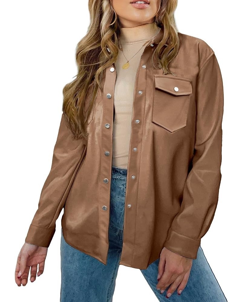 Faux Leather Jackets for Women Long Sleeve Oversized Shackets with Pocket Belted Pleather Jacket Moto Biker Coat Pecan Brown ...