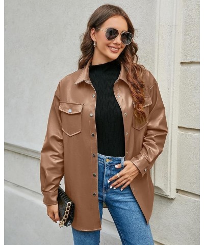 Faux Leather Jackets for Women Long Sleeve Oversized Shackets with Pocket Belted Pleather Jacket Moto Biker Coat Pecan Brown ...