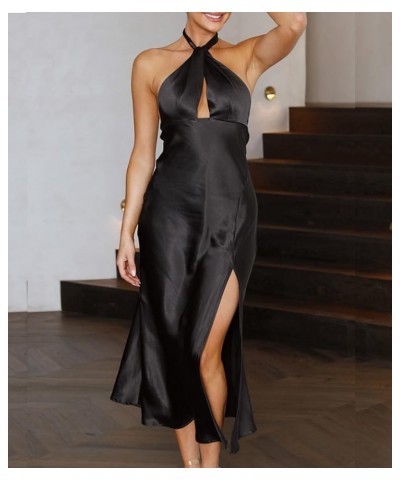 Women's 2023 Summer Satin Dress Elegant Sleeveless Halter Tie Neck Backless Cocktail Party Maxi Dresses with Slit Back $23.22...