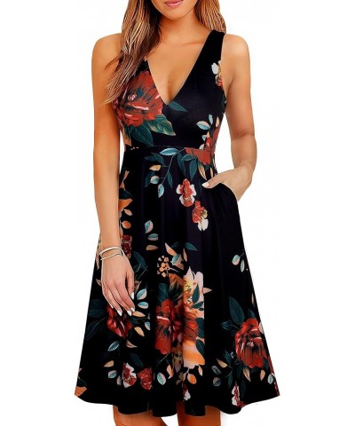 Women's Deep V Neck Casual Cocktail Skater Dress with Pockets A293 Black/Yellow Floral $15.84 Dresses