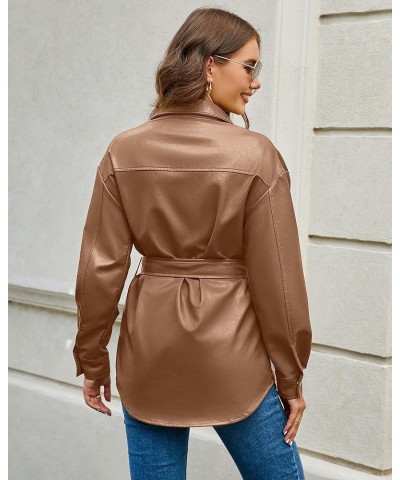 Faux Leather Jackets for Women Long Sleeve Oversized Shackets with Pocket Belted Pleather Jacket Moto Biker Coat Pecan Brown ...