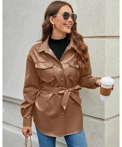 Faux Leather Jackets for Women Long Sleeve Oversized Shackets with Pocket Belted Pleather Jacket Moto Biker Coat Pecan Brown ...